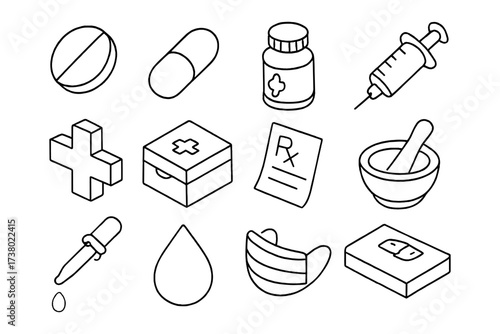 Healthcare and medical icons in clean black and white linear style
