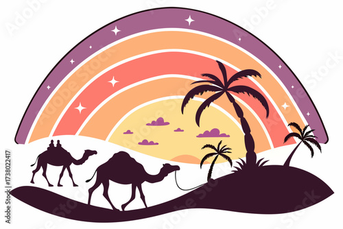 Desert camels under a stylized rainbow and palm trees