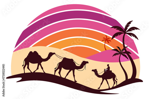 Desert caravan with camels and palm trees at sunset