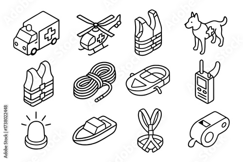 Emergency rescue equipment icons in modern isometric design