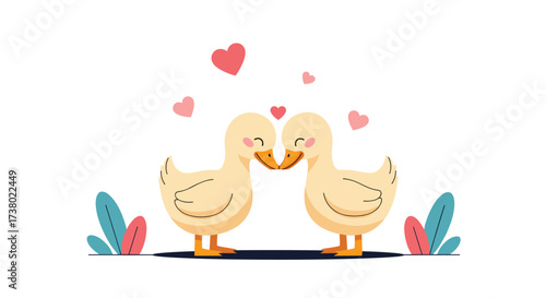 Two adorable cartoon ducks sharing a sweet kiss surrounded by floating hearts and greenery.