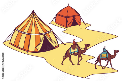 Desert caravan with colorful tents and camels on white background