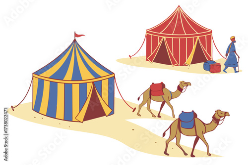 Desert caravan with colorful tents and camels travel 1