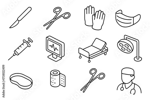 Essential medical equipment set in modern isometric line art style