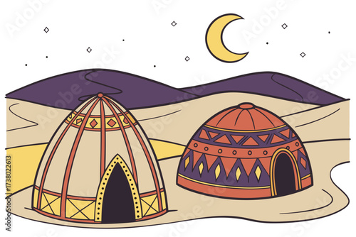 Desert night scene with two colorful tents and crescent moon