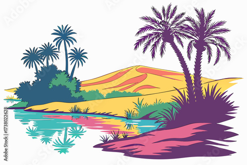 Desert oasis with colorful reflections and palm trees