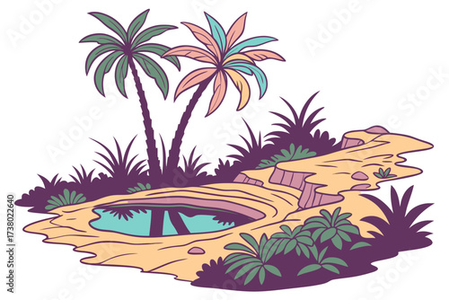 Desert oasis with palm trees and colorful reflections 1