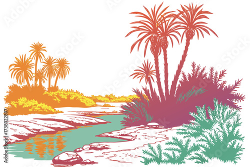 Desert oasis with palm trees and colorful reflections 7