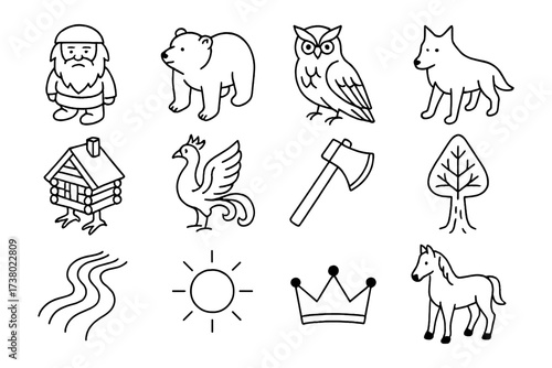 Whimsical forest icons: animals, nature, and nordic elements in black and white