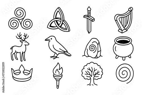 Celtic symbols collection: spiral, trinity, sword, harp, deer, raven, cauldron and more
