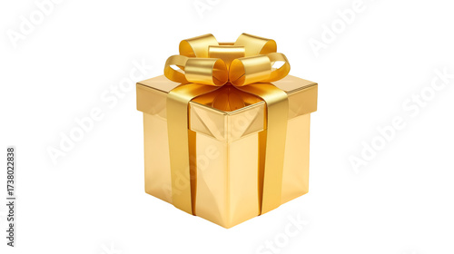 Golden gift box with ribbon isolated on white background