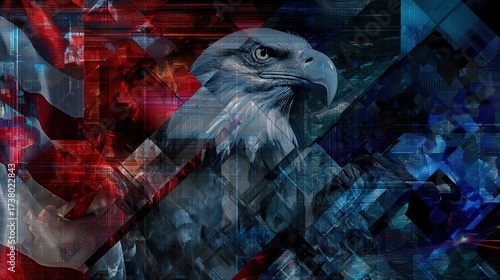 Eagle head in geometric abstract red and blue textures, symbolizing American Veterans Day with futuristic patriotic strength and digital artistry