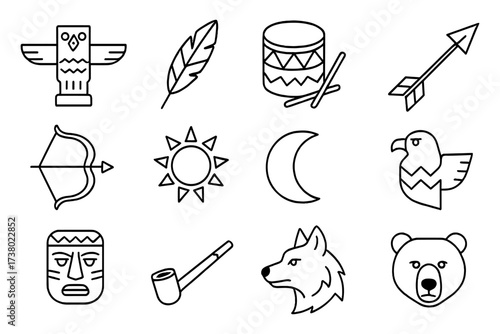Set of native american outline icons featuring totem, feather, drum, and arrow