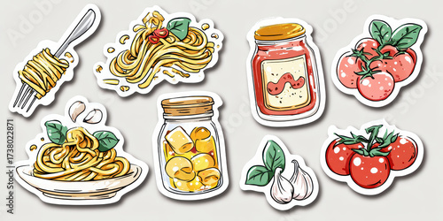 Delicious Italian Food Stickers: A collection of vibrant and appetizing stickers showcasing the essence of Italian cuisine, from classic pasta dishes to fresh ingredients. 