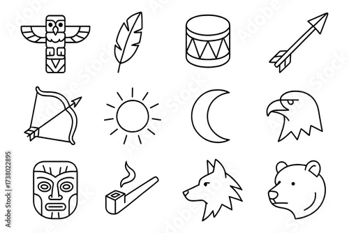 Native american icon set: totem, feather, drum, arrow, wolf, bear, moon, sun symbols in outline style