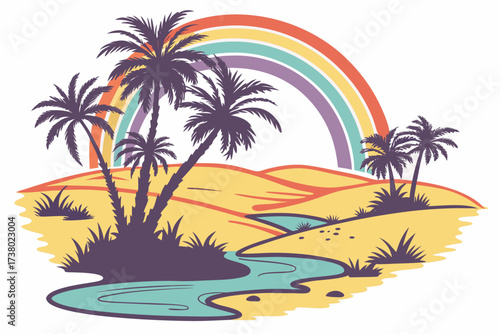 Desert oasis with palm trees and rainbow water
