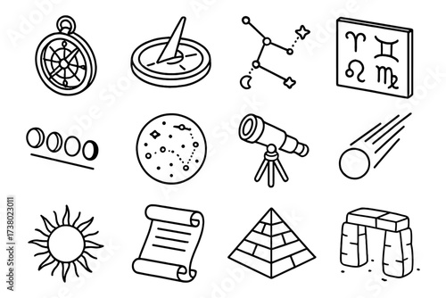 Icon set: astrology, astronomy, and ancient symbol collection in linear style
