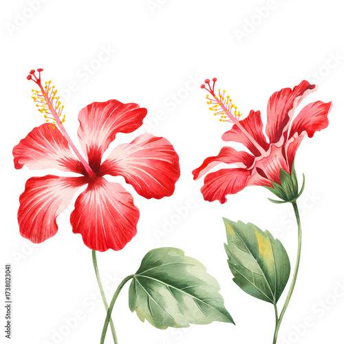 Watercolor illustration of vibrant red hibiscus flowers and green leaves botanical artwork