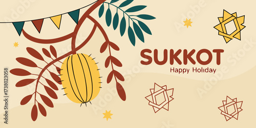 Sukkot holiday festive illustration with stylized symbols and joyful wishes