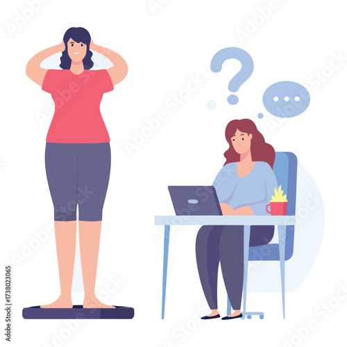 Woman on scale stressed while another woman works at desk with questions