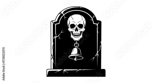 Disturbing tombstone illustration features a skull and bell for a macabre Halloween theme