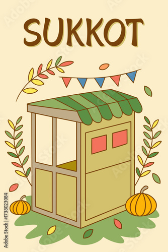 Sukkot illustration: Festive Hut with Pumpkins and Banners