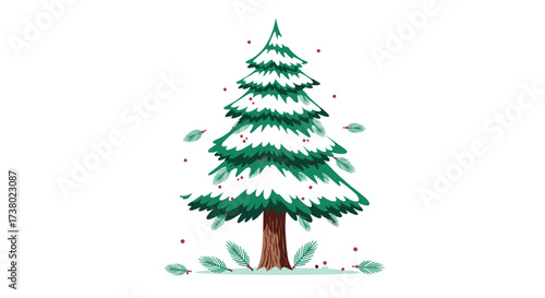 A snowy pine tree decorated with small red berries and falling leaves in a winter landscape.