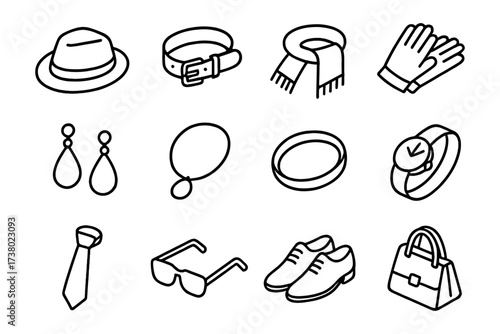 Elegant fashion accessories collection: line art icons of hats, jewelry, and more