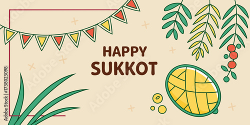 Happy Sukkot greeting card illustration with traditional symbols 
