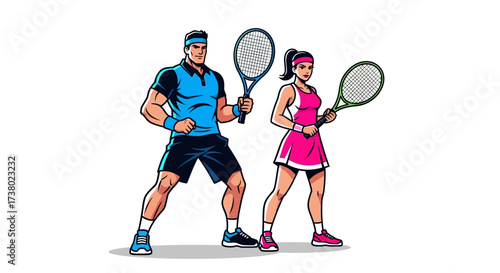 Illustration of a muscular man and woman ready to play tennis with serious expressions