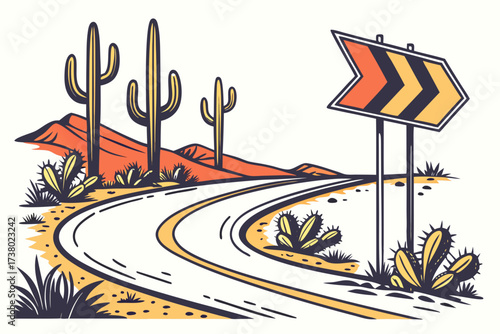 Desert road with saguaro cacti and directional sign
