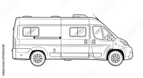 Detailed line drawing of a campervan for travel enthusiasts and vehicle illustrations, showcasing