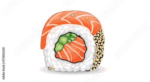 Delicious salmon sushi roll with rice and sesame seeds.