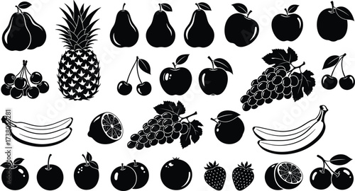 Fruit silhouette collection, pineapple grapes bananas apples pears cherries strawberries citrus, healthy food icons, black fruit design, isolated vector illustration