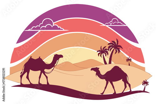 Desert sunset with camel silhouettes and palm trees