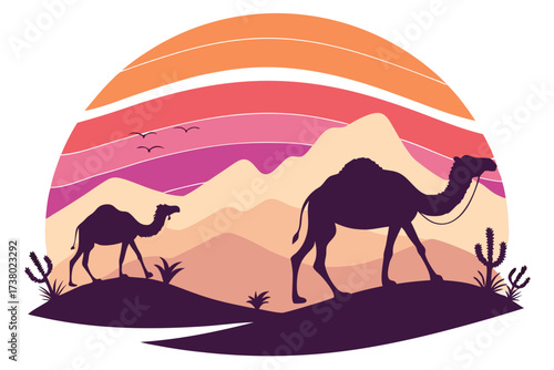 Desert sunset with camel silhouettes and colorful sky