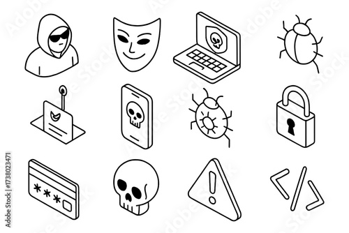 Cybersecurity threats isometric icons: malware, phishing, and privacy risks