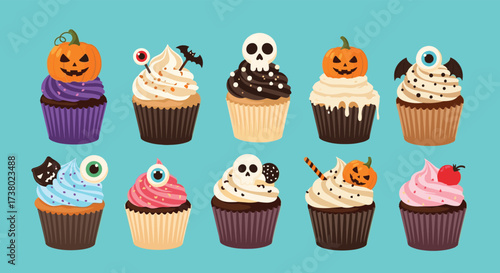 Assorted spooky and festive Halloween cupcakes decorated with pumpkins bats skulls and googly eyes.
