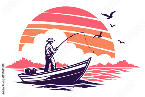 Fisherman in boat at sunrise with seagulls fishing