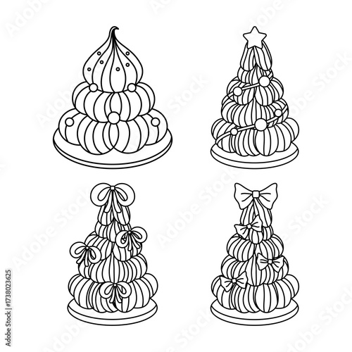 Set of four Christmas tree cream puff cakes outline for coloring book. Vector line art.