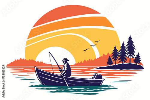 Fisherman in boat on colorful lake at sunrise sunset