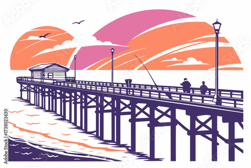 Fishing pier at sunset with colorful sky and ocean 1