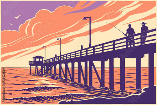 Fishing pier at sunset with colorful sky and ocean