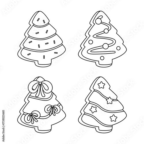 Set of four Christmas tree gingerbread cookies outline for coloring book. 