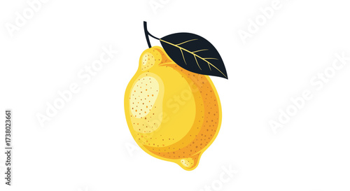 Bright yellow lemon with a dark green leaf attached to its stem.