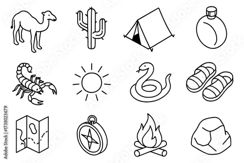 Simple nature and adventure icons set in black outline style
