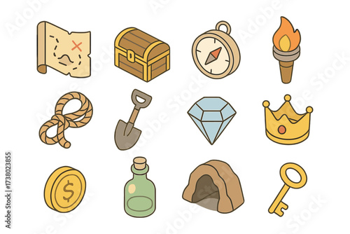 Adventure icons set: treasure, compass, map, and more in isometric design