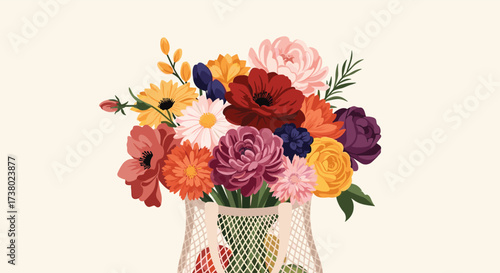 A vibrant and colorful bouquet of fresh flowers in a reusable grocery bag arrangement.