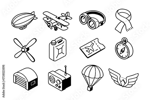 Isometric aviation icons: retro airplane, blimp, compass, goggles, and more