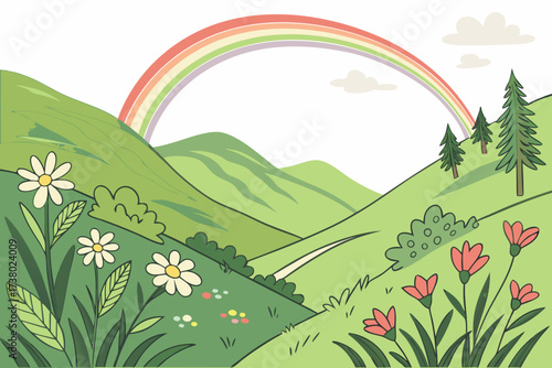Green mountain valley with rainbow and flowers nature